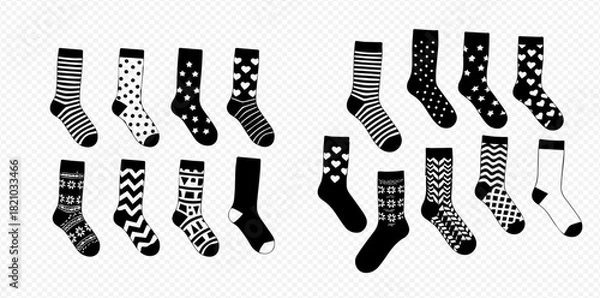 Fototapeta Collection of black and white socks with various patterns like stripes, polka dots, hearts, and geometric designs.
