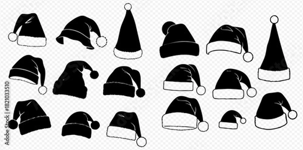 Fototapeta Collection of black Santa hats with white trim and pom-poms in various styles, perfect for Christmas and holiday designs.