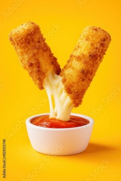 Obraz Cheese Sticks Dipped in Marinara Sauce on Yellow Background