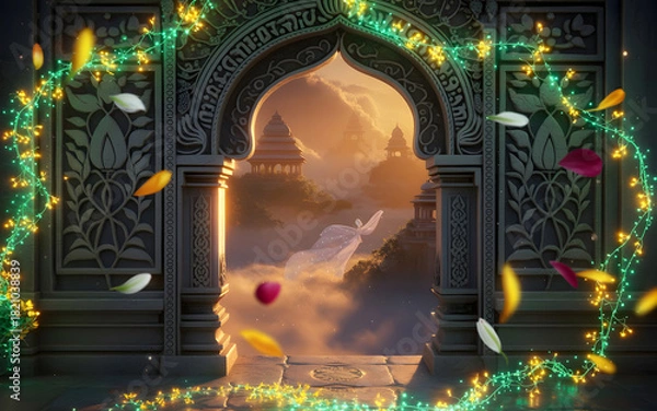 Obraz Mystical Celestial Stone Arch Backdrop with Sanskrit Carvings, Peacock Motifs, Glowing Vines, and Enchanted Divine Realm