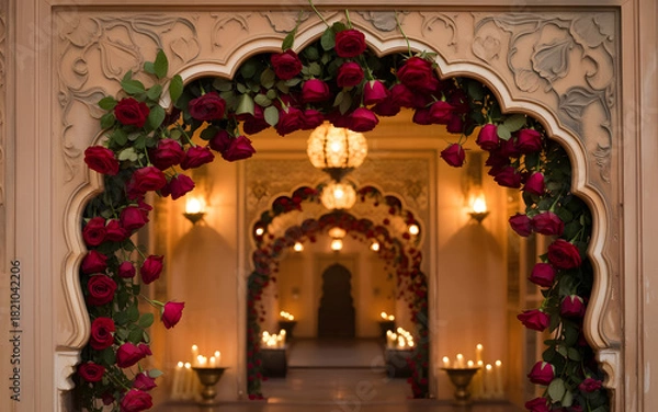 Obraz Cinematic Mughal Courtyard Archway Backdrop with Red Roses, Candlelit Stone Carvings and Golden Romantic Ambience