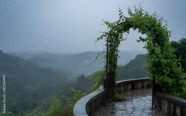 Obraz Rain-Soaked Vine Arch Backdrop Over Misty Indian Valley with Cinematic Monsoon Romance