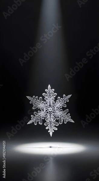 Fototapeta Single snowflake floating in dark room, spotlight style.