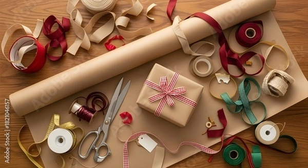 Fototapeta Overhead shot of messy wrapping station with ribbons everywhere.