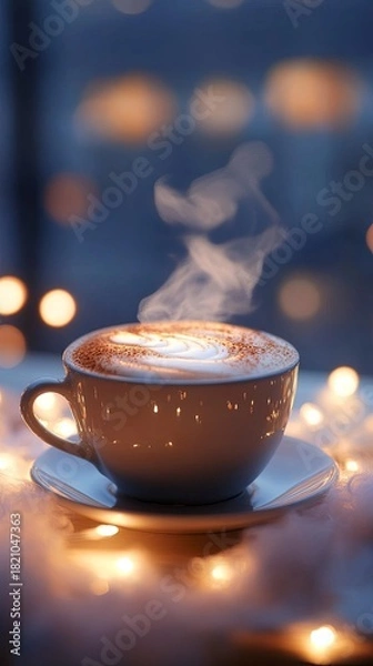 Fototapeta Steaming cappuccino with foam art, Christmas lights glowing behind .