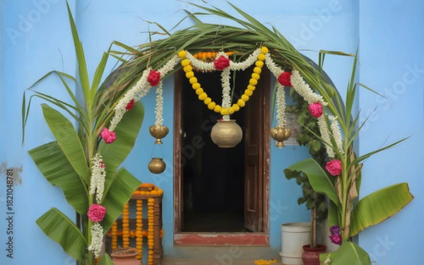 Obraz Traditional Pongal Backdrop Archway Decorated with Sugarcane, Flowers and Banana Leaves at Rural Indian Home