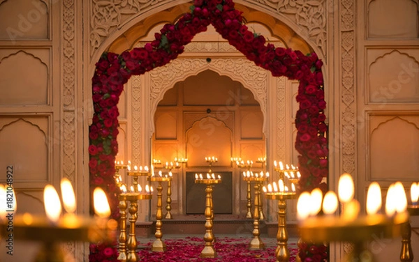 Obraz Cinematic Mughal Courtyard Archway Backdrop with Red Roses, Candlelit Stone Carvings and Golden Romantic Ambience