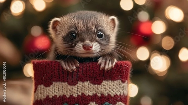 Fototapeta Ferret peeking out of a stocking while wearing a tiny sweater .