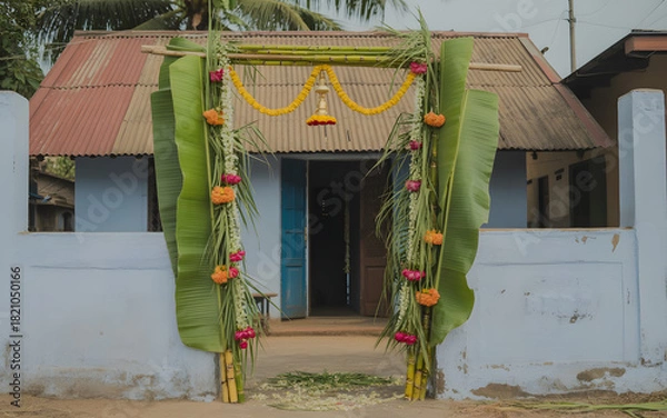 Obraz Traditional Pongal Backdrop Archway Decorated with Sugarcane, Flowers and Banana Leaves at Rural Indian Home