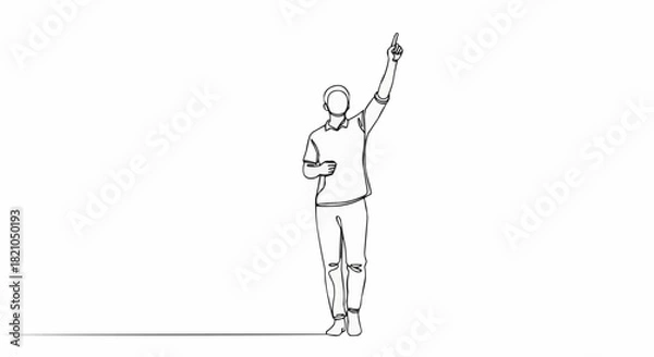 Fototapeta Continuous line drawing of a man pointing upwards in celebration.