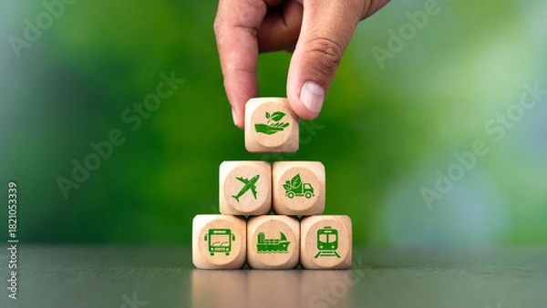 Fototapeta By placing wooden blocks with green icons, we help drive business while conserving nature, and we are ready to cooperate with green transportation.