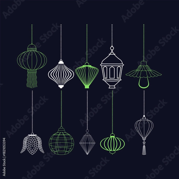 Obraz Hanging Decorative Lanterns Set Outline Style Dark Background