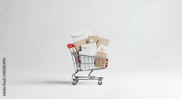 Fototapeta Shop for joy and deliver smiles with charming shopping cart filled with letters and packages on a clean white background for your next marketing campaign
