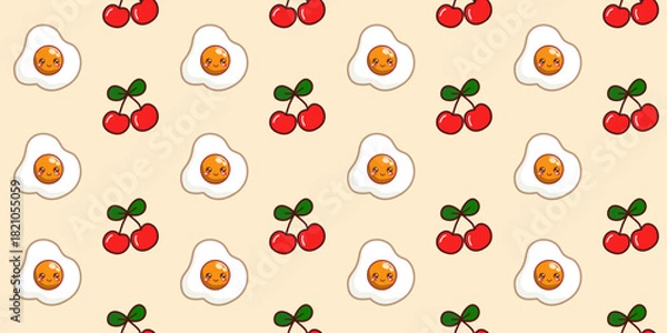 Obraz Seamless cherry pattern with colorful eggs on the background. Cute fabric pattern for kids.