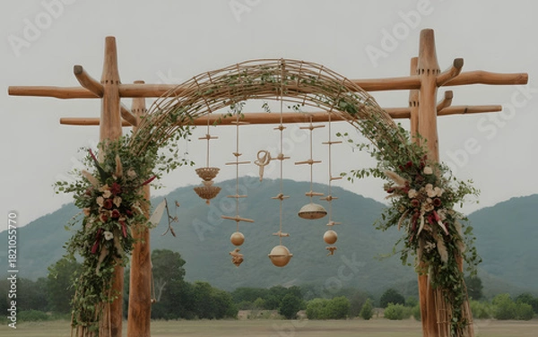Obraz Tribal Wooden Arch Backdrop with Natural Vines and Handmade Ornaments in Indigenous Indian Celebration Style