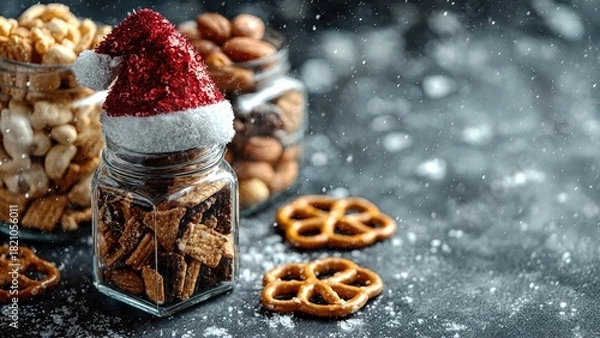 Obraz Festive Food Box with Santa Hat in Snowy Scene