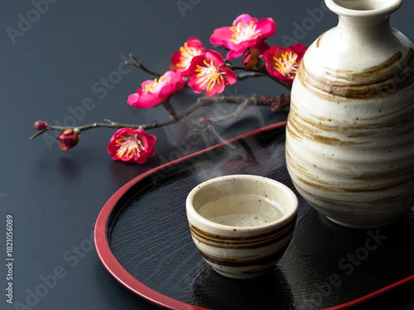 Obraz 湯気の立つ日本酒と梅の枝の和風イメージ