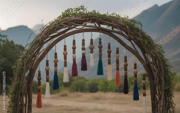 Obraz Tribal Wooden Arch Backdrop with Natural Vines and Handmade Ornaments in Indigenous Indian Celebration Style