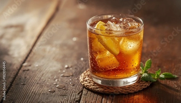 Fototapeta Resting glass tumbler with amber soda, ice, lemon on woven coaster atop wooden table, mint nearby