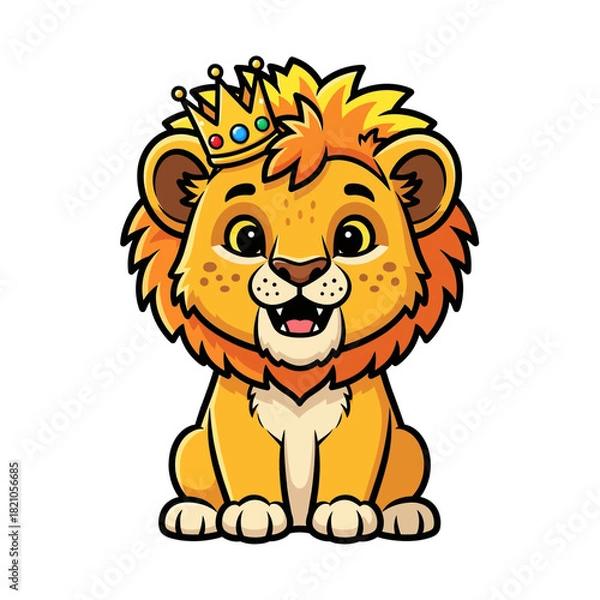 Fototapeta Cute Cartoon Lion Cub with Crown Mascot Character