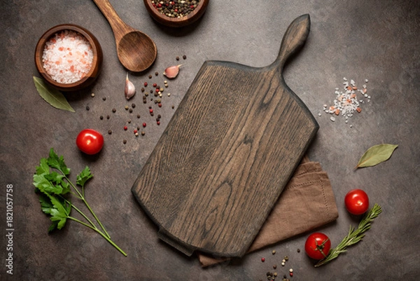 Fototapeta Culinary background with empty wooden cutting board, wooden spoon and spices, dark grunge background, top view, flat lay, copy space.