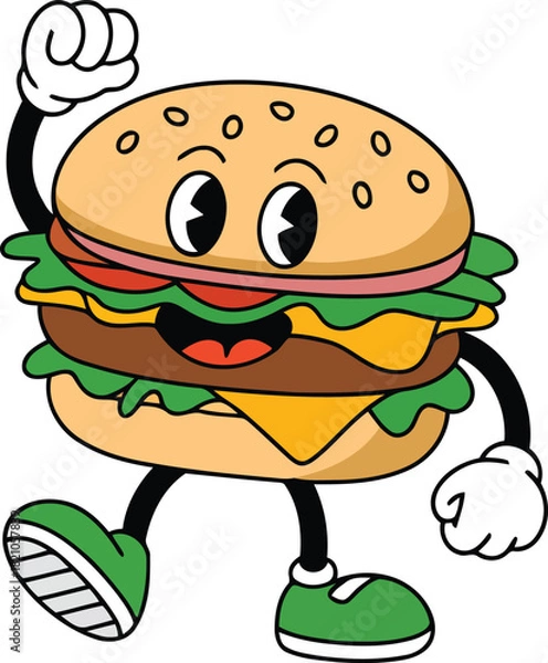 Obraz Cheerful retro cartoon hamburger mascot with raised arm walking