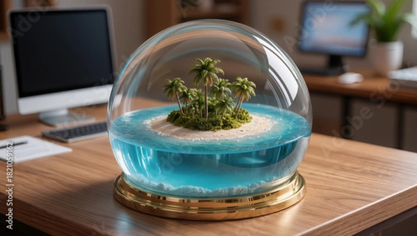 Fototapeta Miniature tropical island under a glass dome on an office desk, symbolizing travel dreams and vacation planning. Ideal visual metaphor for tourism and travel agency themes