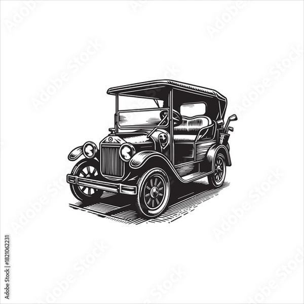 Obraz A detailed black and white vintage car in a retro style, a classic automobile vector logo illustration