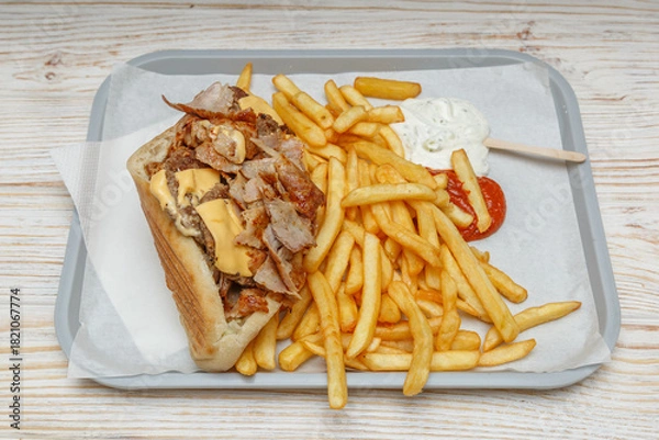 Fototapeta Sandwich royal avec frites et sauces ketchup mayonnaise – Fast Food / Snack Turc. Doner kebab 