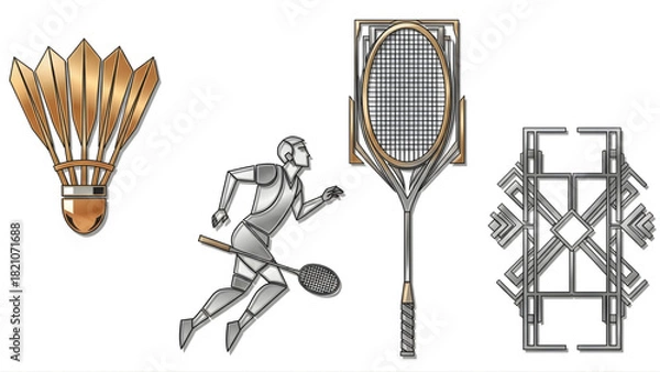 Obraz Set of badminton icons, including a shuttlecock, player, racket, and geometric design