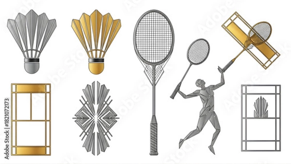 Obraz Badminton Icon Set Diverse Illustrations of Shuttlecocks, Rackets, and Athletes in Action