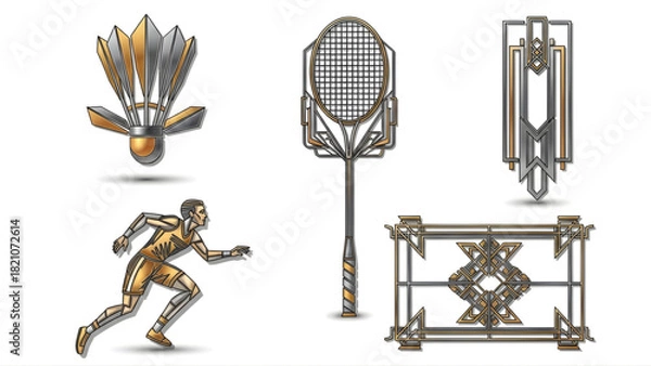 Obraz Golden Geometric Sports Shuttlecock, Racket, Runner, Ornament Icons