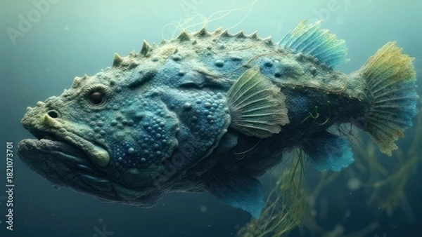 Fototapeta Digital illustration of a large, textured fish with spiny skin, swimming in blue-green water