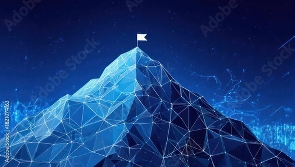Fototapeta Digital Mountain Peak with Flag - Achieving Goals in Technology.
