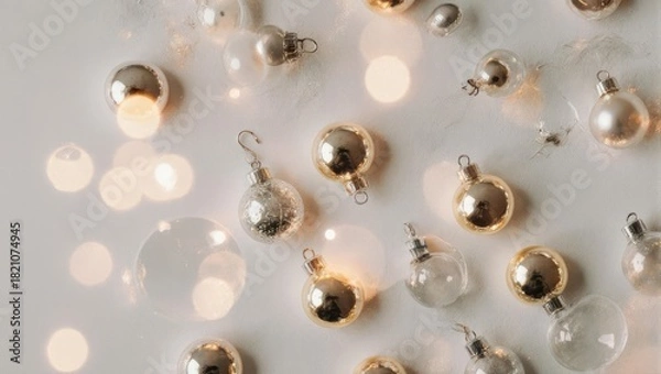 Fototapeta Elegant Christmas Ornaments on White Background with Bokeh Lights.