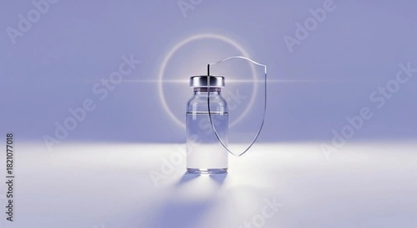 Obraz Modern vaccine vial protected by clear shield against a futuristic backdrop, symbolizing health and safety in a contemporary healthcare setting