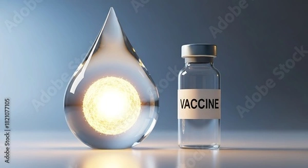 Obraz Discover hope with modern vaccine vial and glowing droplet, promising health solutions for a brighter future, designed for medical and scientific campaigns