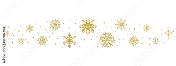 Fototapeta Elegant golden snowflake ribbon with sparkling stars, delicate winter divider for New Year projects and festive greeting designs
