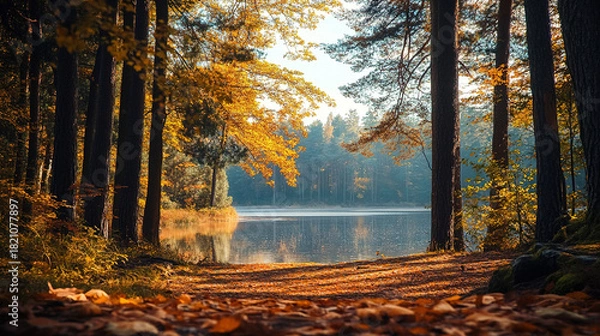 Fototapeta The forest is alive with life: rustling leaves, the occasional splash in the lake, and the songs of distant birds. How would you spend the day fully immersed in nature?