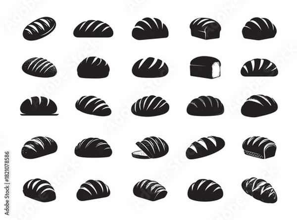 Fototapeta Collection of Loaf Bread Silhouettes in Black and White for Baking Concepts