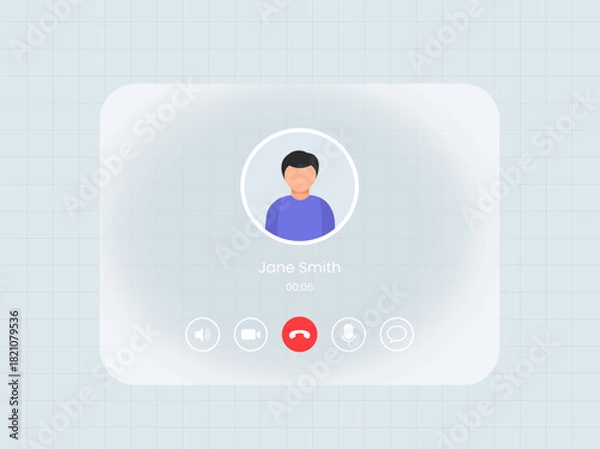Obraz White light Glassmorphism board Video call screen with liquid glass frame. Messenger app call interface with mockup for web and tablet or pad. Sound, mic, video and message icons and avatar. 