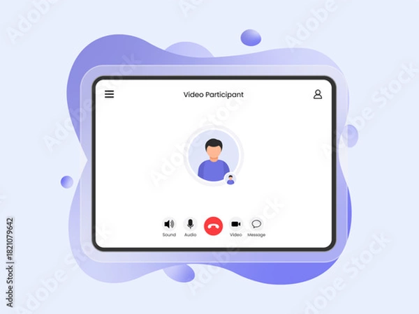 Obraz Gradient shape light Glassmorphism board Video call screen with liquid glass frame. Messenger app call interface with mockup for web and tablet or pad. Sound, mic, video and message icons and avatar. 