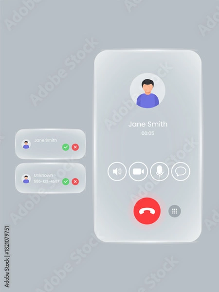 Obraz White light Glassmorphism board Video call screen with liquid glass frame. Messenger app call interface with mockup for web and tablet or pad. Sound, mic, video and message icons and avatar. 