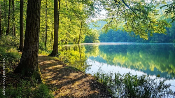 Fototapeta The forest is alive with life: rustling leaves, the occasional splash in the lake, and the songs of distant birds. How would you spend the day fully immersed in nature?