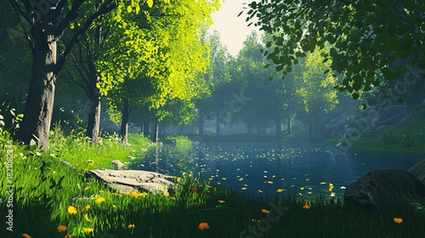 Fototapeta The forest is alive with life: rustling leaves, the occasional splash in the lake, and the songs of distant birds. How would you spend the day fully immersed in nature?