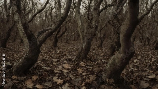 Obraz Dark forest with leafless trees and fallen foliage, creating a moody, monochrome scene