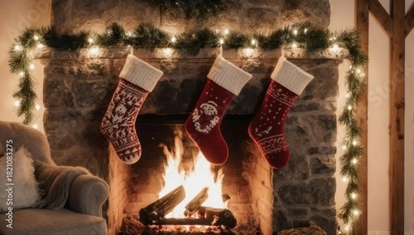 Obraz Cozy fireplace adorned with festive stockings and twinkling lights, creating a warm Christmas scene