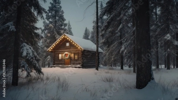 Obraz Cozy snow-covered cabin nestled in a winter forest, illuminated by warm lights