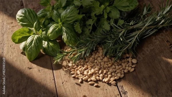 Obraz Close-up of fresh herbs (basil, cilantro, rosemary) and pine nuts on a wooden surface