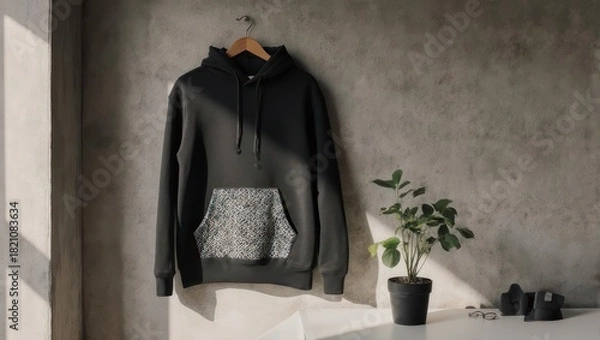 Obraz Dark hoodie with patterned pocket hangs on a wall beside a potted plant and small objects